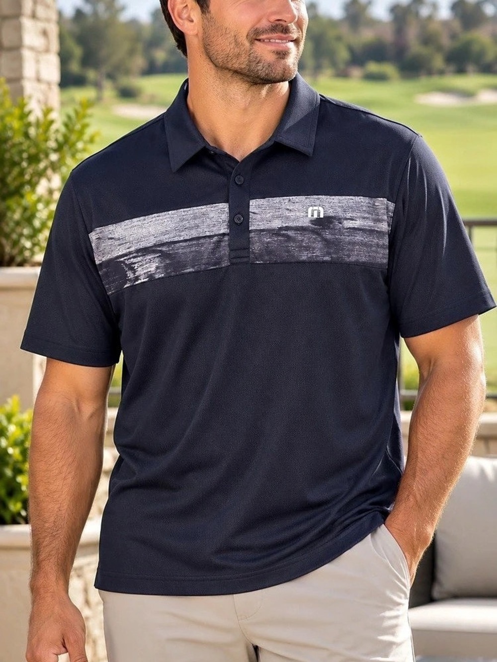 TravisMathew Midnight Coastal Chest Stripe Polo Men's Black L